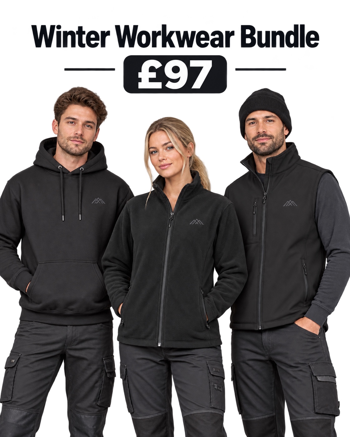 Winter Workwear Bundle £97, showing a black hoodie, fleece and softshell gilet on models